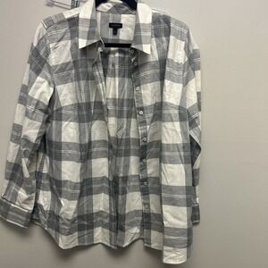 Talbots Sz Large  Sparkly Silver White Gray Plaid Flannel Shirt Top Christmas